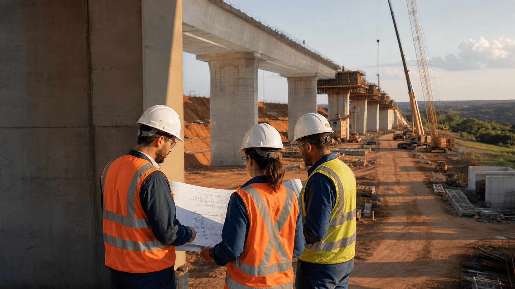 Equipe de engenharia acompanhando uma obra de infraestrutura