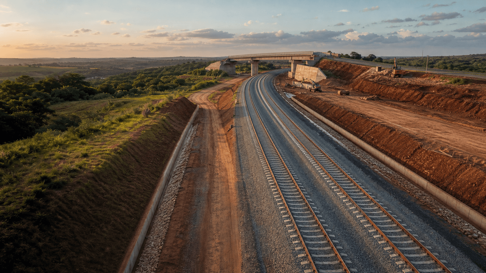 Ferrovia de grande escala em implantação em corredor de infraestrutura